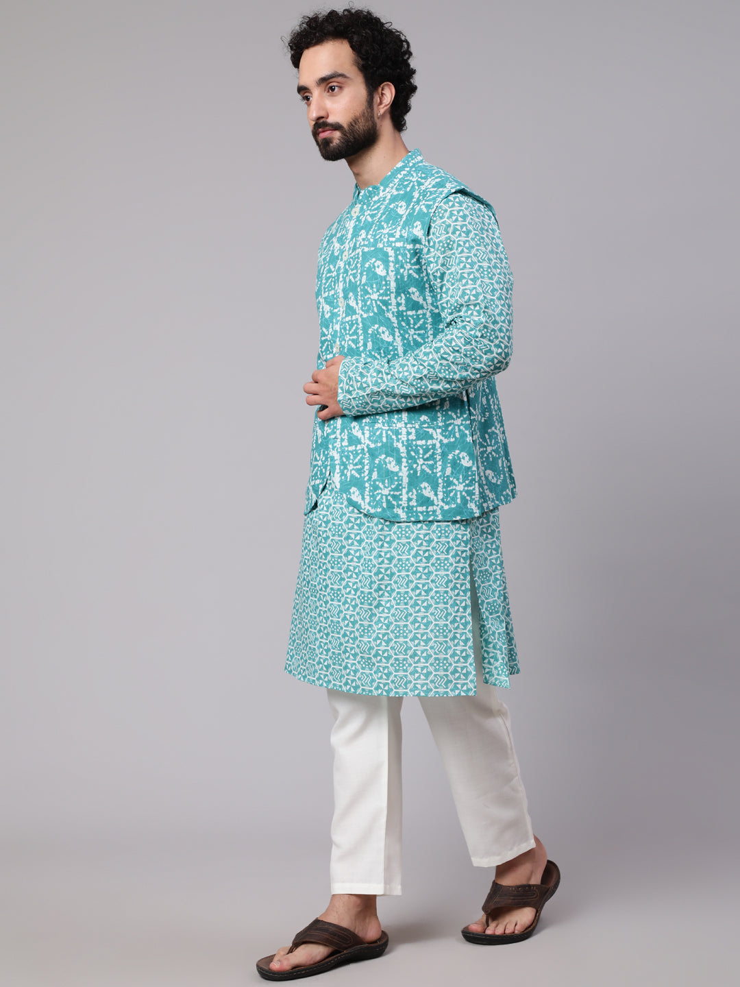 Men's Turquoise Blue Printed Kurta With Nehru Jacket