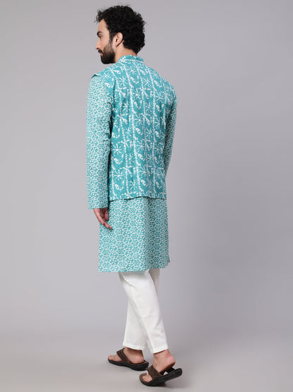 Men's Turquoise Blue Printed Kurta With Nehru Jacket