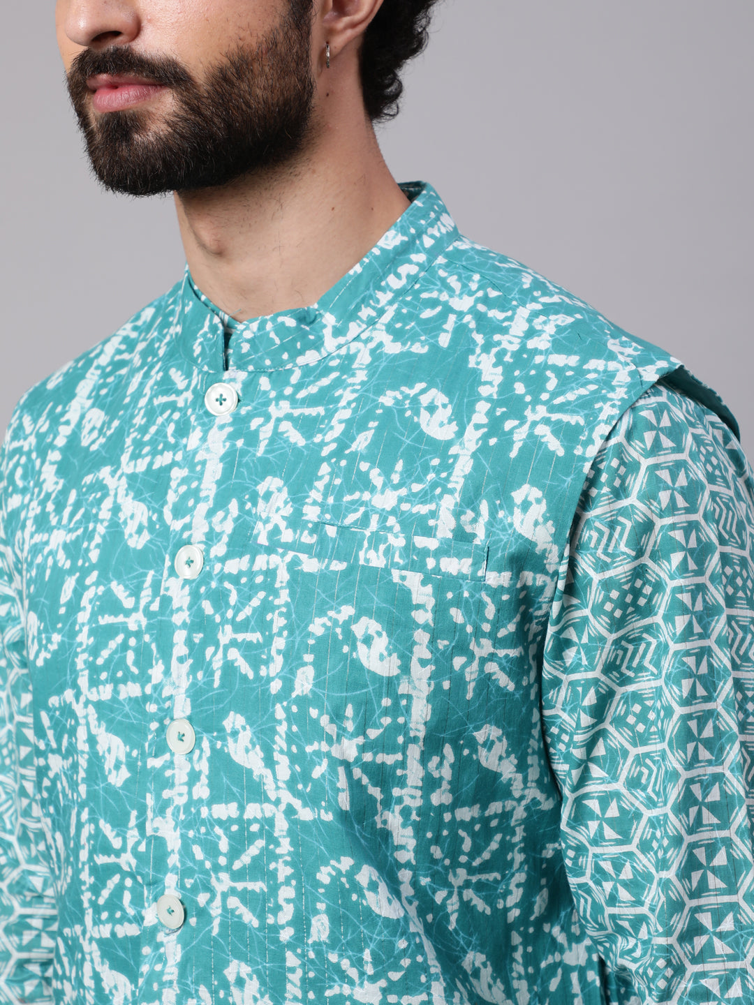 Men's Turquoise Blue Printed Kurta With Nehru Jacket