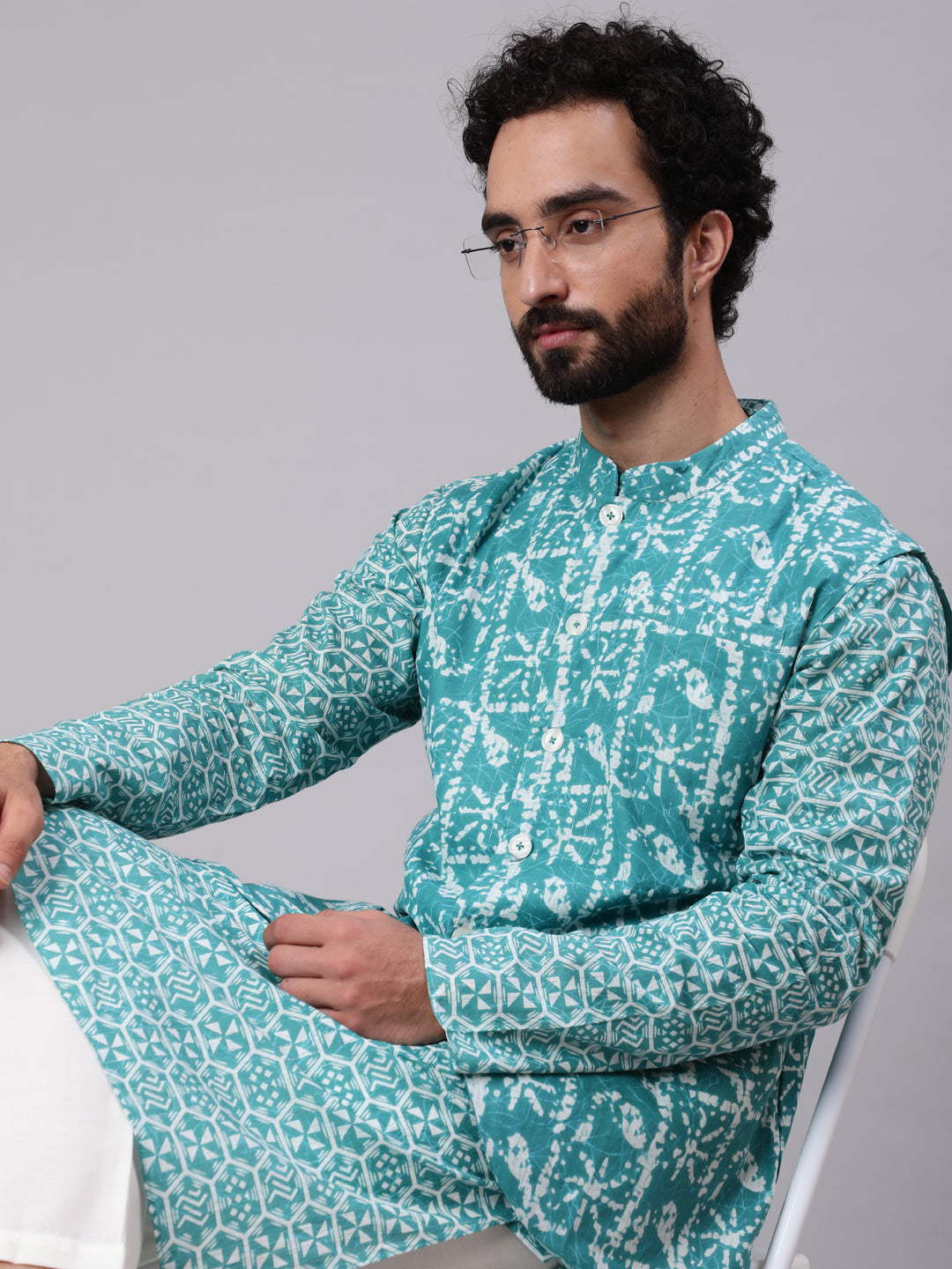 Men's Turquoise Blue Printed Kurta With Nehru Jacket