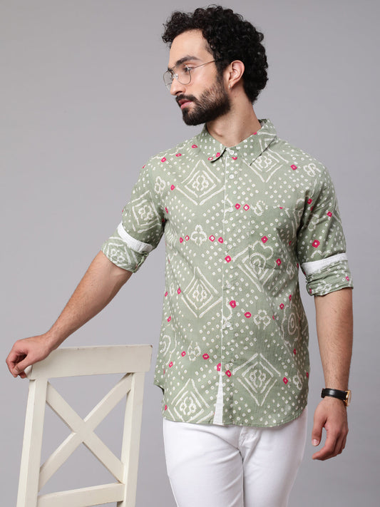 Men's Pastel Green Bandhani Print Shirt