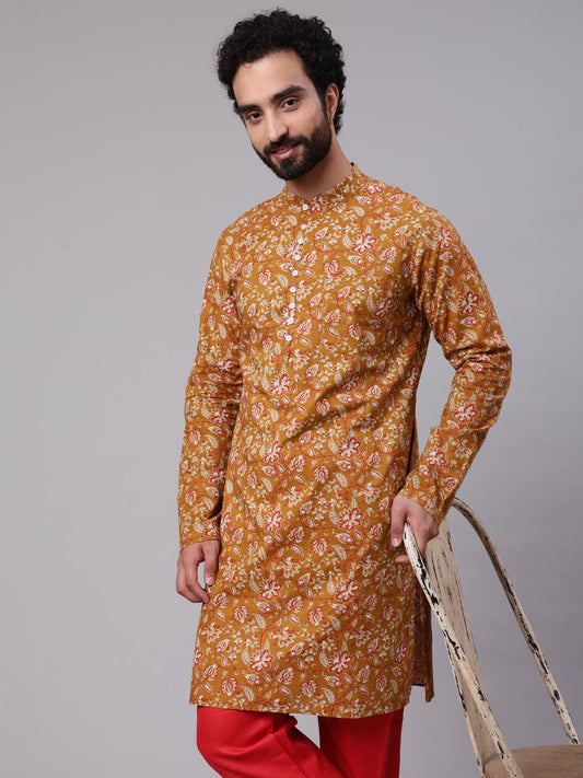 Men's Mustard Floral Print Long Kurta