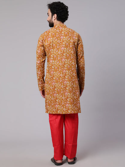 Men's Mustard Floral Print Long Kurta