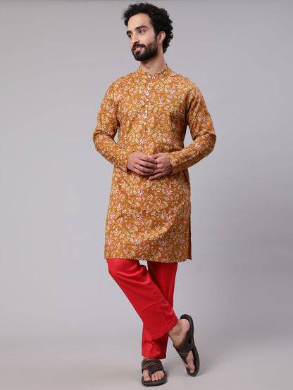 Men's Mustard Floral Print Long Kurta