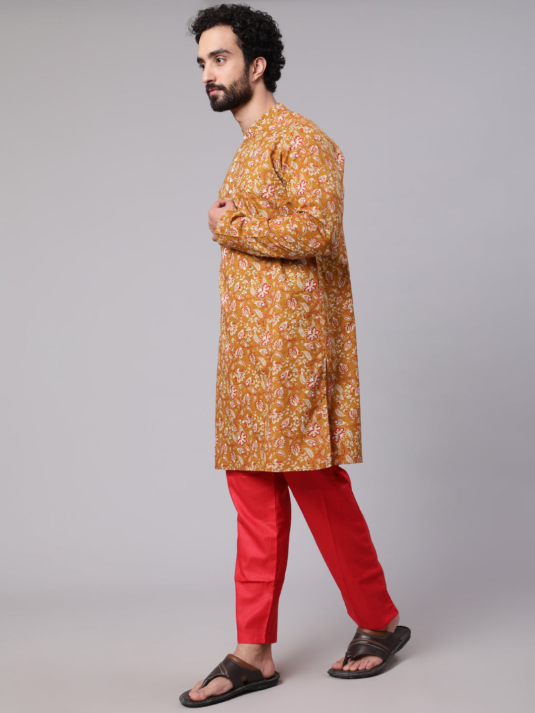 Men's Mustard Floral Print Long Kurta