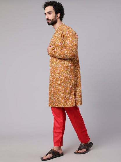 Men's Mustard Floral Print Long Kurta