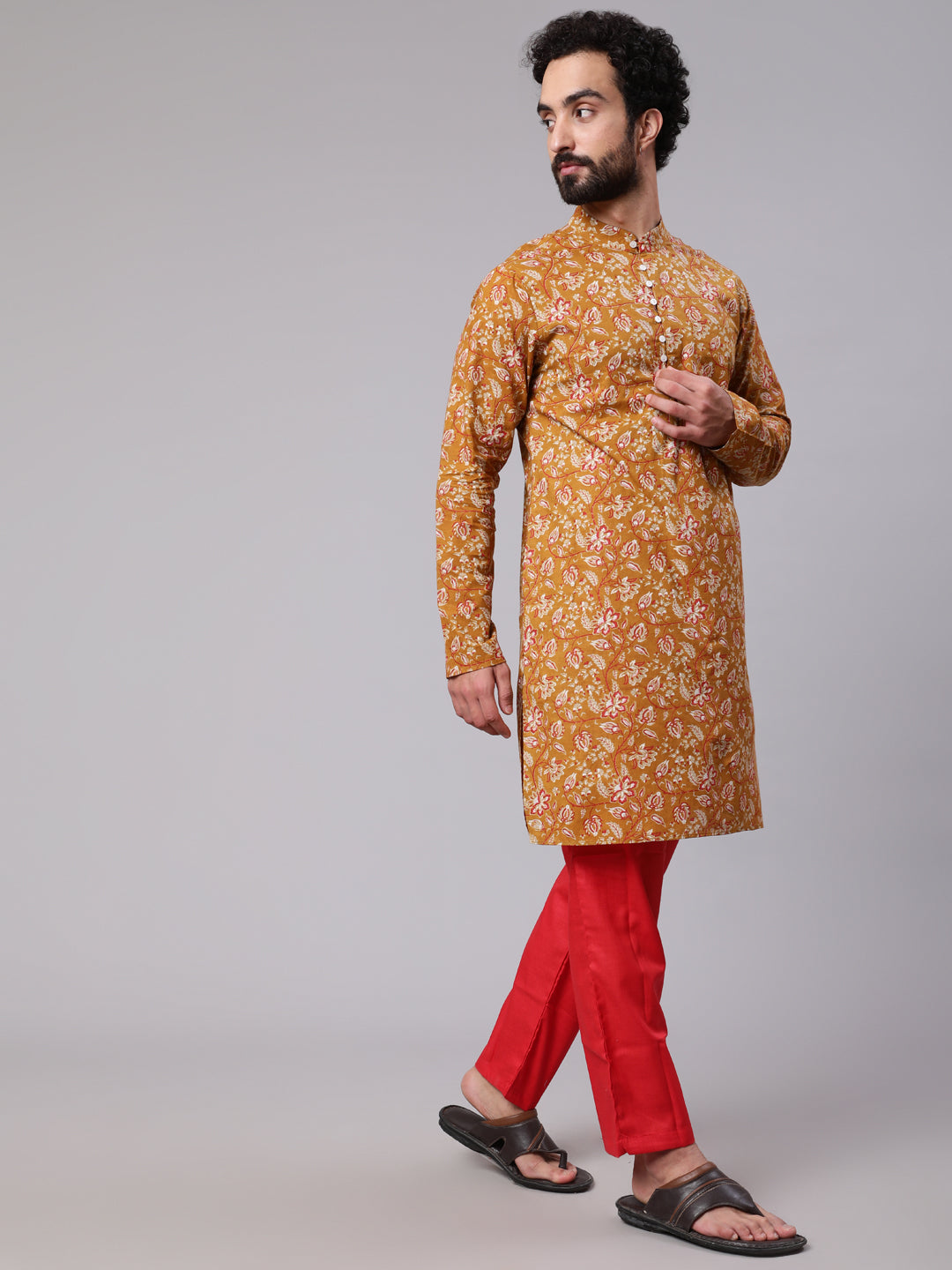 Men's Mustard Floral Print Long Kurta