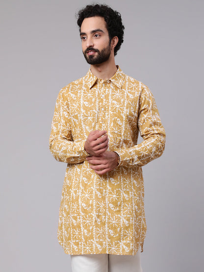 Men's Yellow Printed Short Kurta