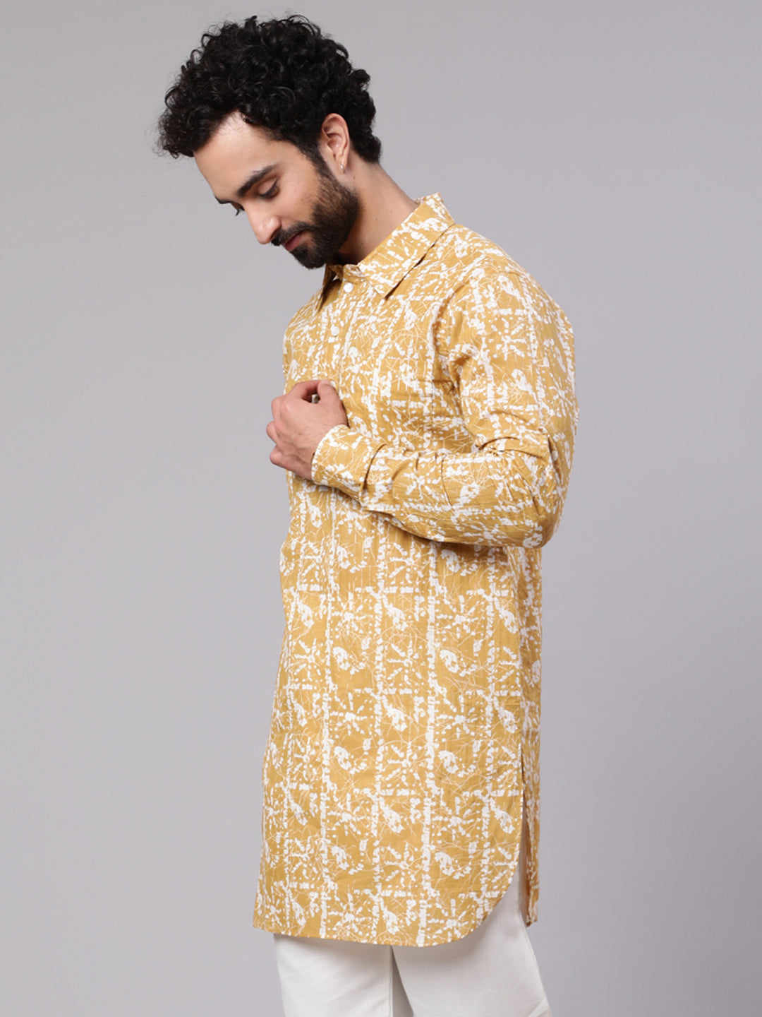 Men's Yellow Printed Short Kurta