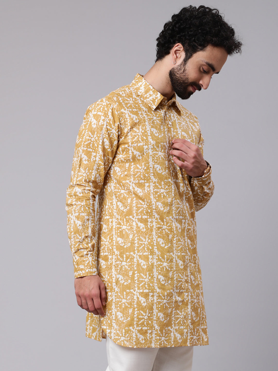 Men's Yellow Printed Short Kurta