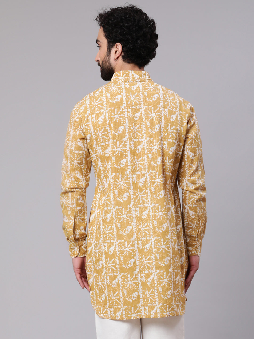 Men's Yellow Printed Short Kurta