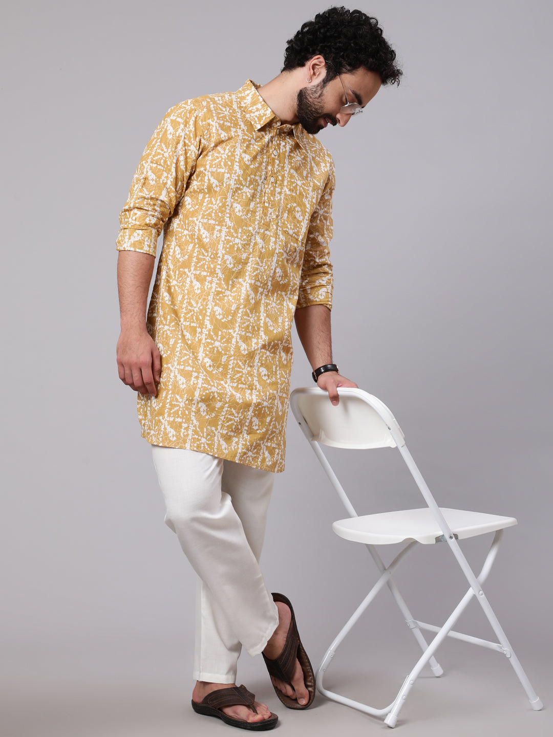 Men's Yellow Printed Short Kurta