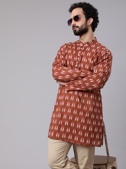 Men's Brown Ikat Print Long Kurta