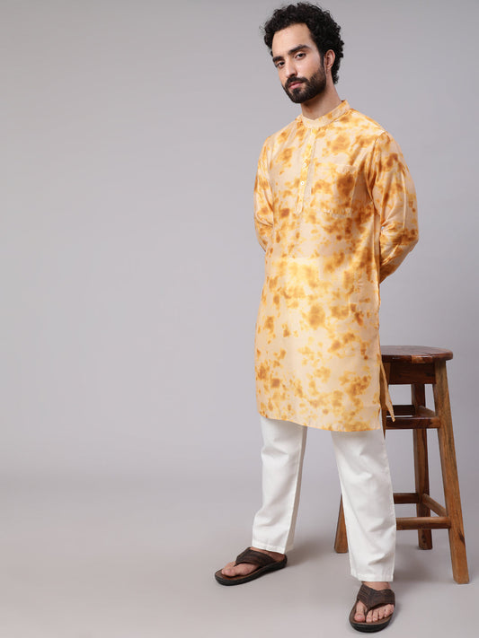 Men's Beige Tie & Dye Print Long Kurta