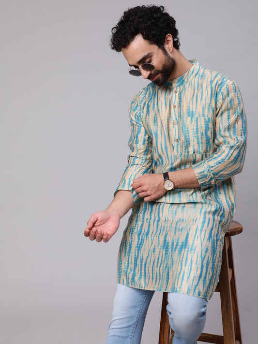 Men's Cream & Blue Shibori Print Kurta