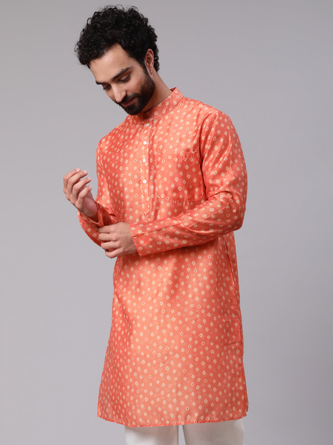 Men's Orange Digital Print Long Kurta