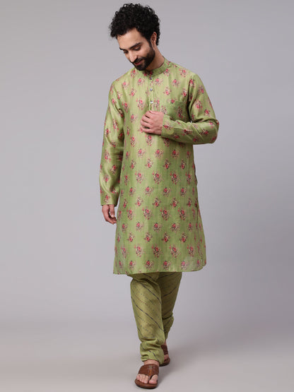 Men's Green Floral Print Kurta With Churidar