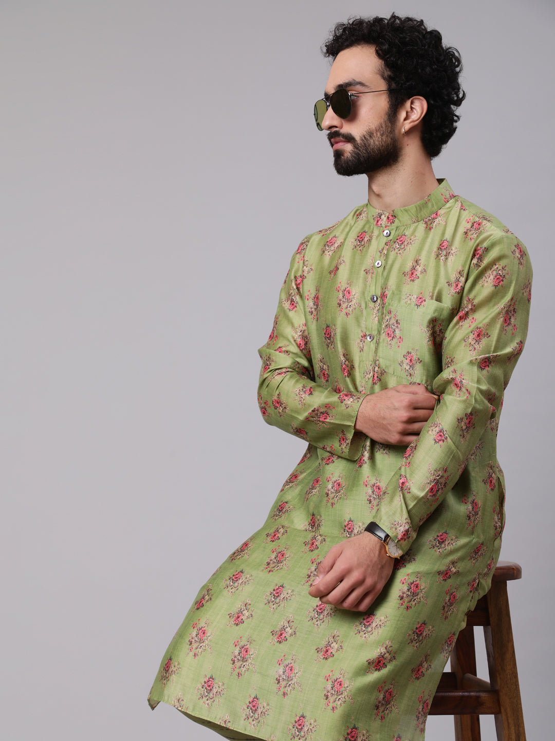 Men's Green Floral Print Kurta With Churidar