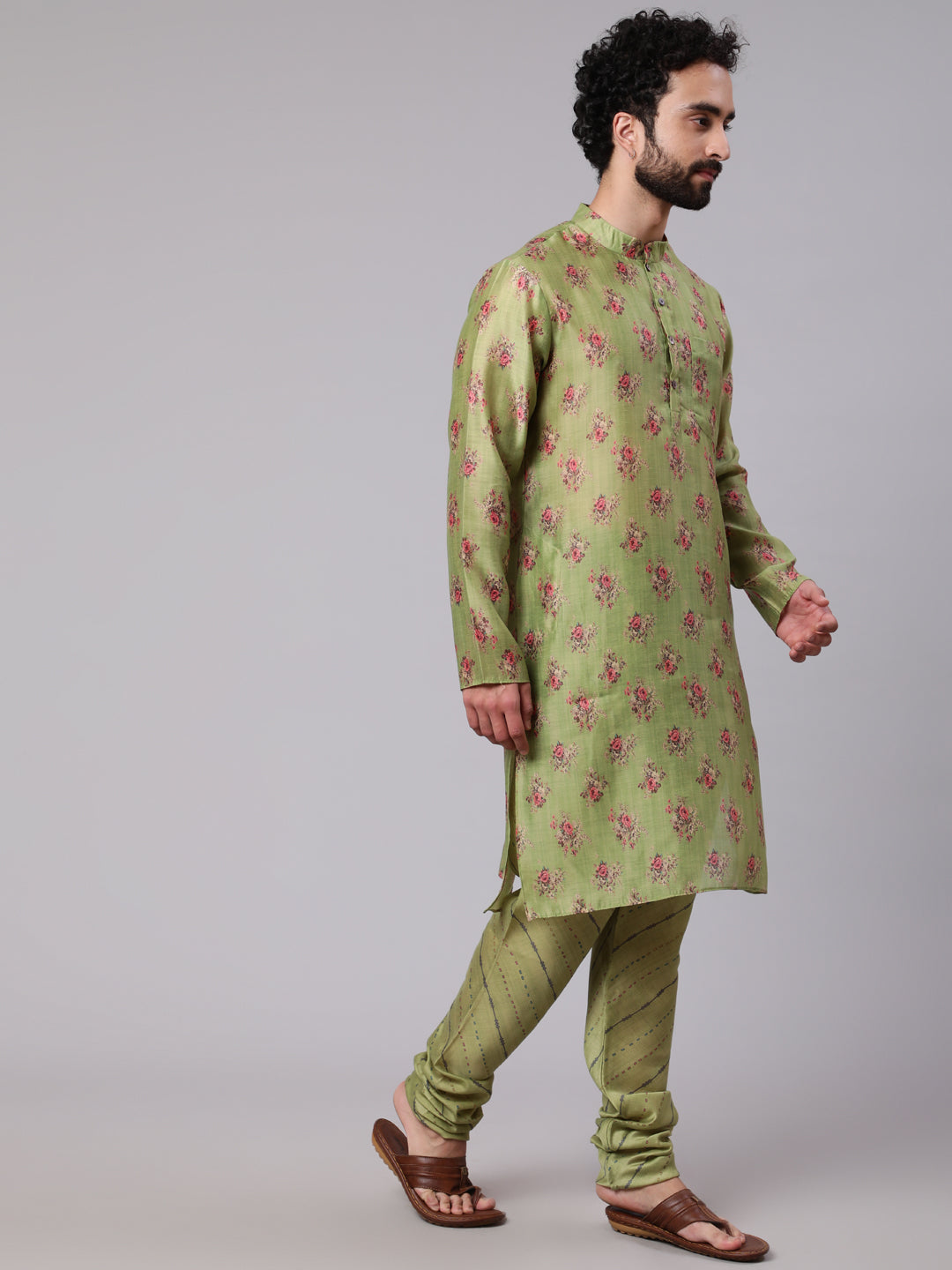 Men's Green Floral Print Kurta With Churidar