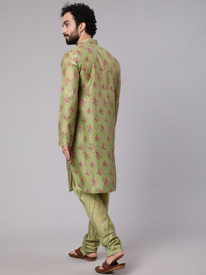 Men's Green Floral Print Kurta With Churidar