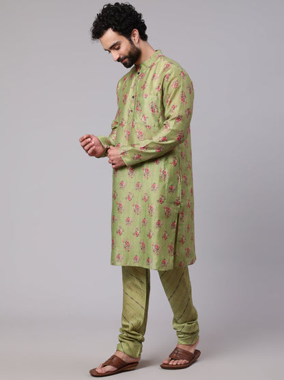 Men's Green Floral Print Kurta With Churidar