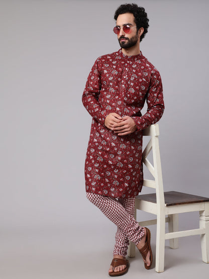 Men's Maroon White Floral Print Kurta With Churidar