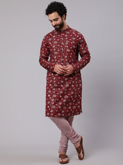 Men's Maroon White Floral Print Kurta With Churidar