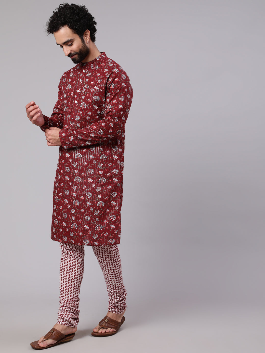 Men's Maroon White Floral Print Kurta With Churidar