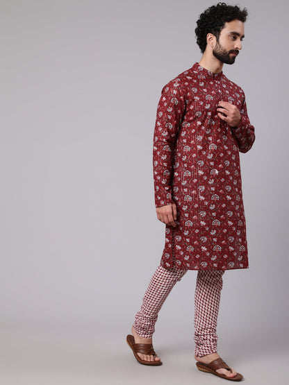 Men's Maroon White Floral Print Kurta With Churidar