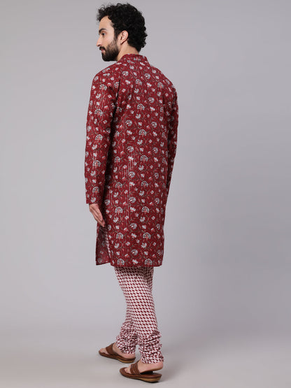 Men's Maroon White Floral Print Kurta With Churidar