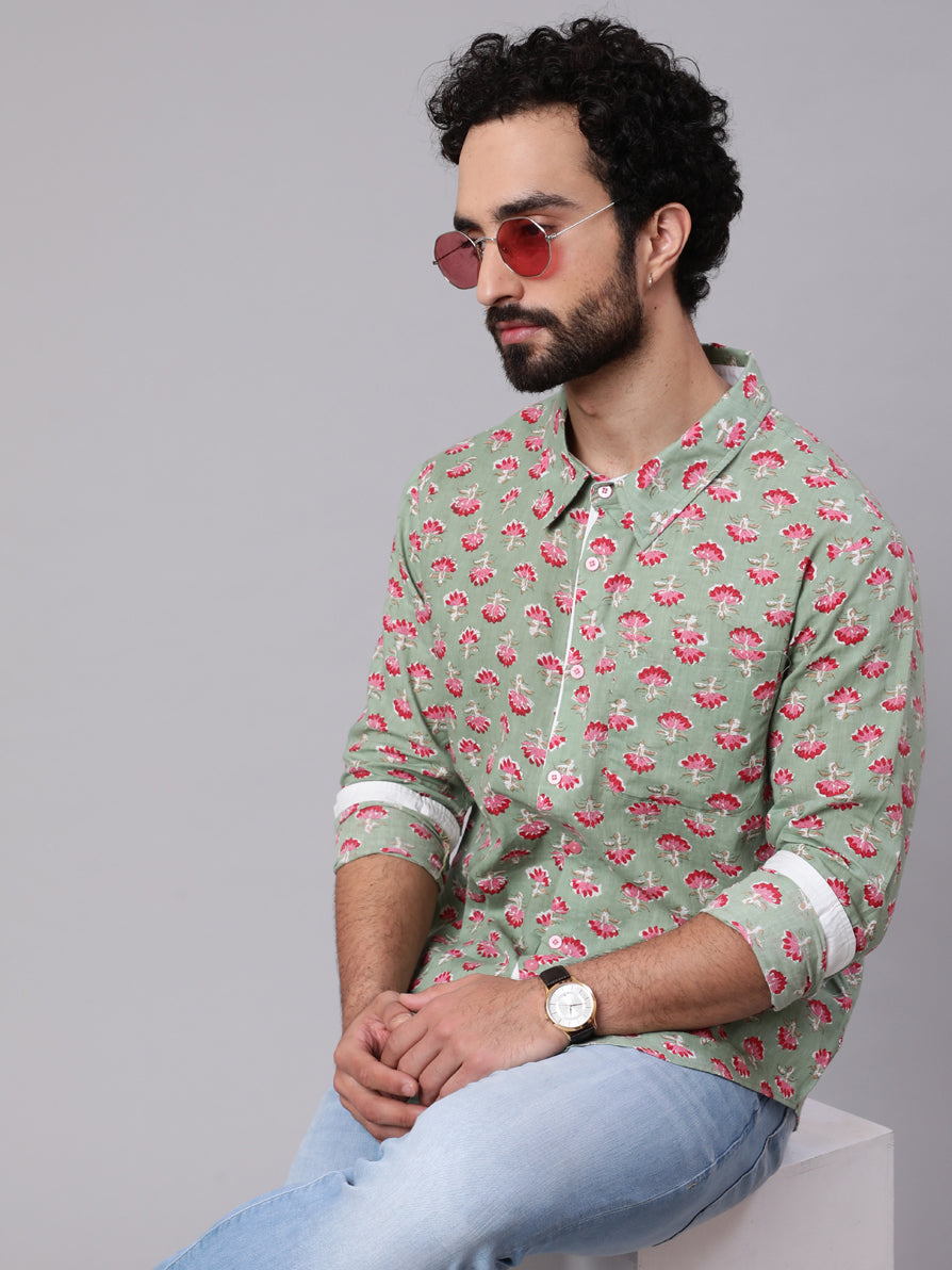 Men's Pastel Green Floral Print Shirt