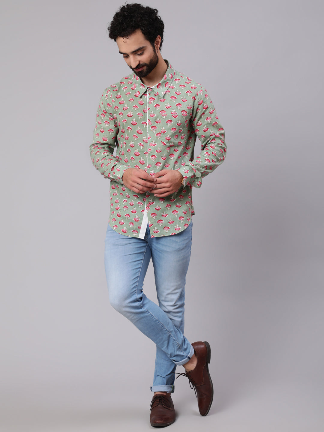 Men's Pastel Green Floral Print Shirt