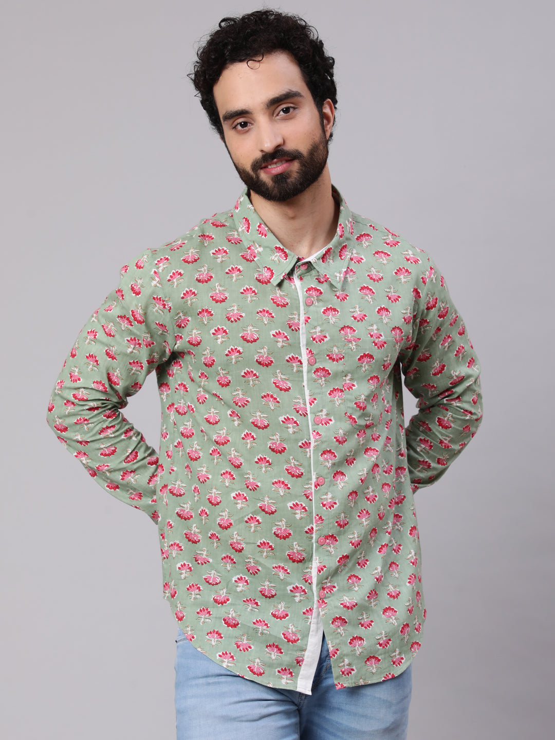 Men's Pastel Green Floral Print Shirt