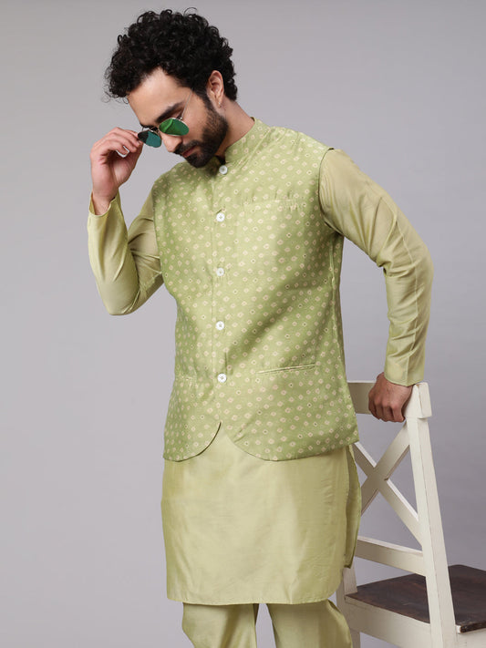 Men's Green Kurta Pyjama With Bandhani Print Nehru Jacket