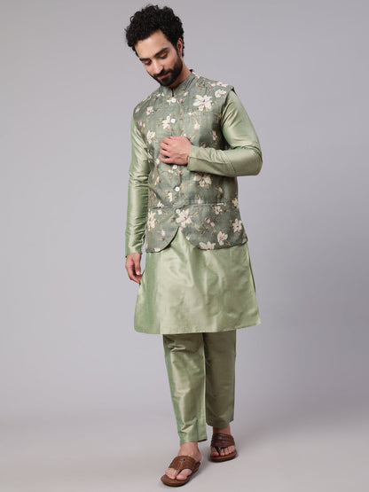 Men's Pastel Green Kurta & Pyjama With Floral Print Nehru Jacket