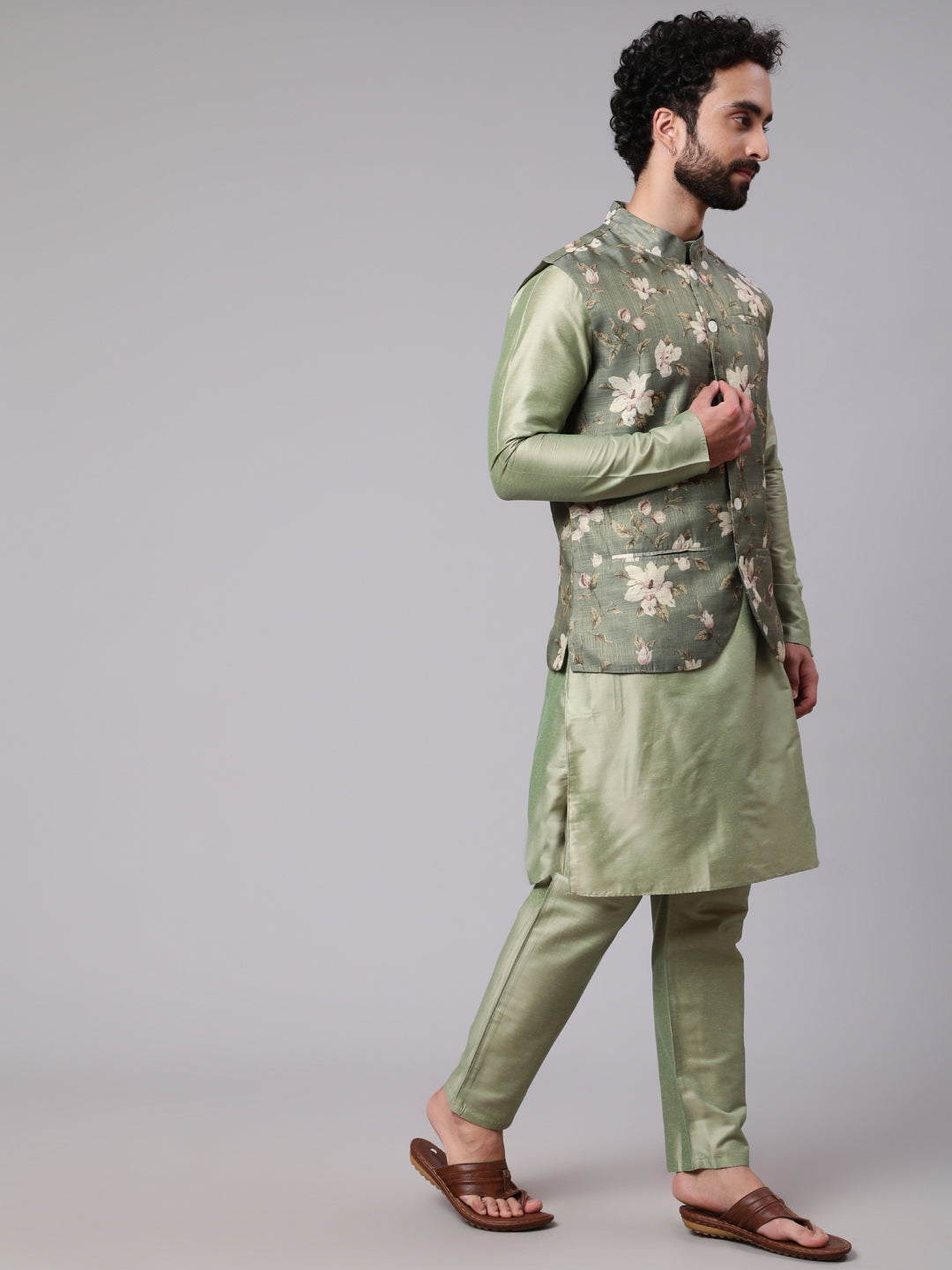 Men's Pastel Green Kurta & Pyjama With Floral Print Nehru Jacket