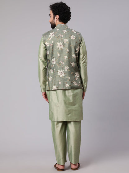 Men's Pastel Green Kurta & Pyjama With Floral Print Nehru Jacket