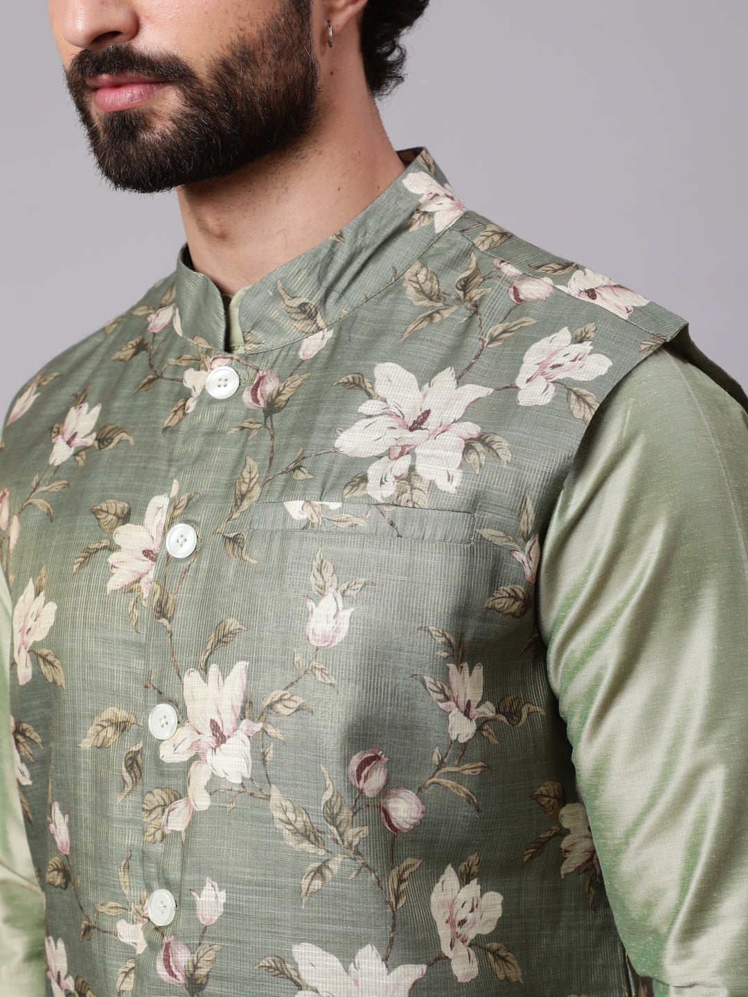 Men's Pastel Green Kurta & Pyjama With Floral Print Nehru Jacket