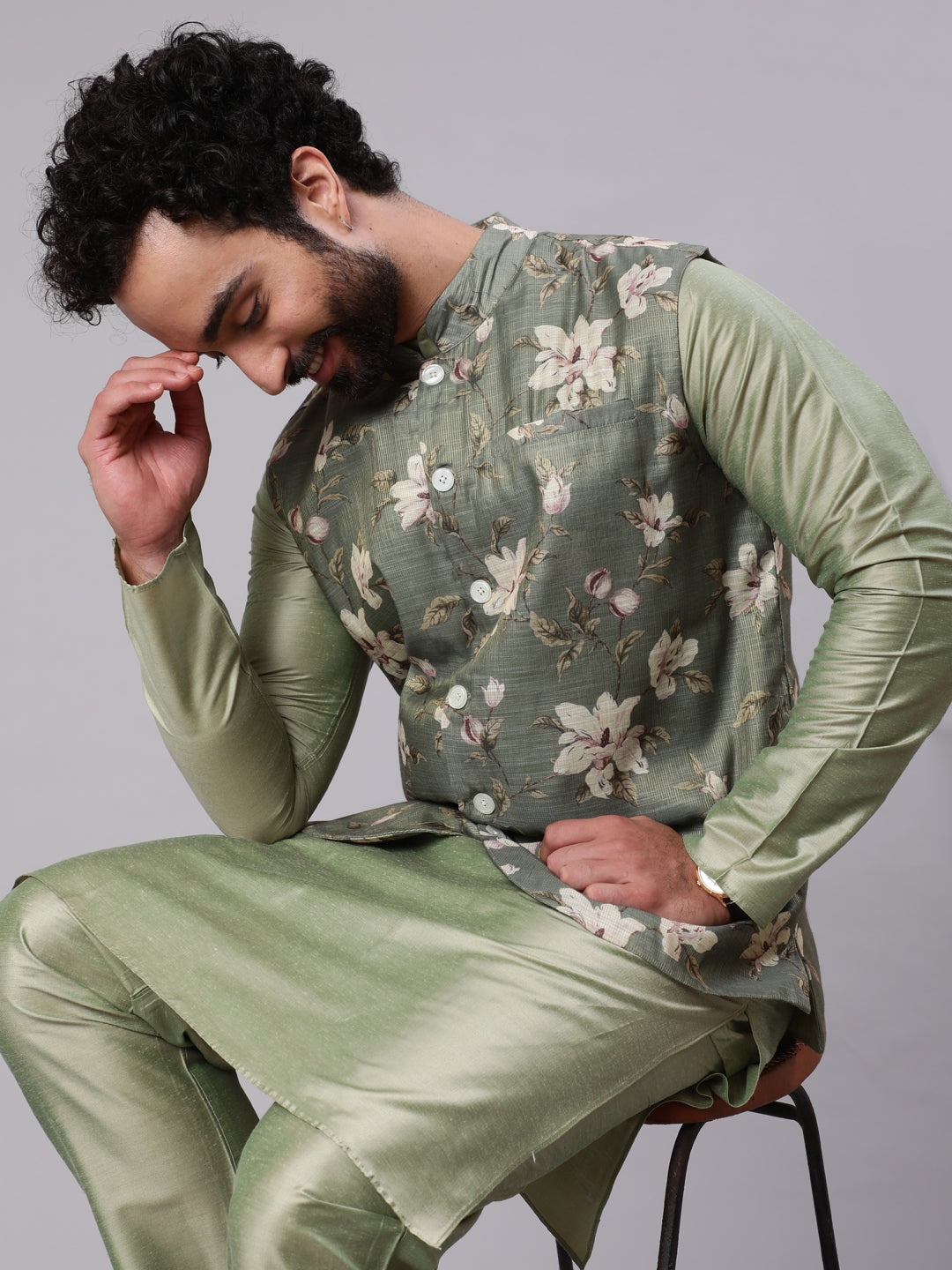 Men's Pastel Green Kurta & Pyjama With Floral Print Nehru Jacket