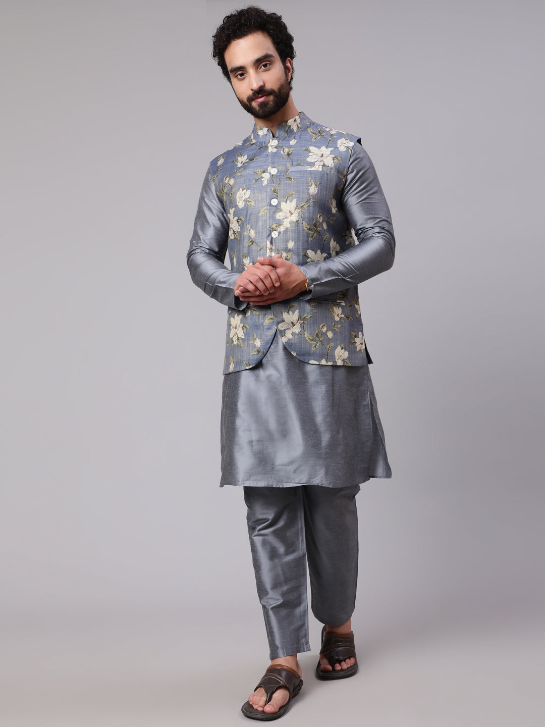 Men's Grey Kurta Pyjama With Floral Print Nehru Jacket