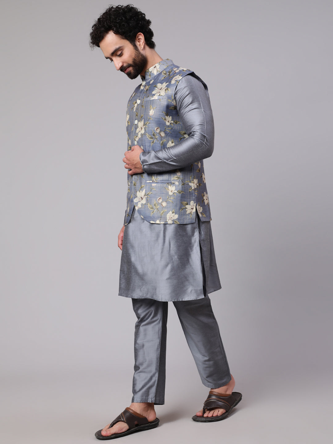 Men's Grey Kurta Pyjama With Floral Print Nehru Jacket