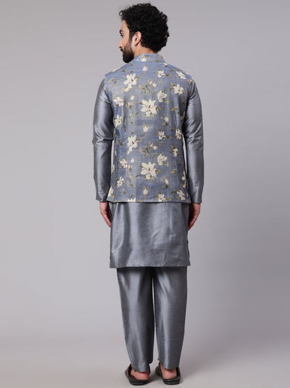 Men's Grey Kurta Pyjama With Floral Print Nehru Jacket