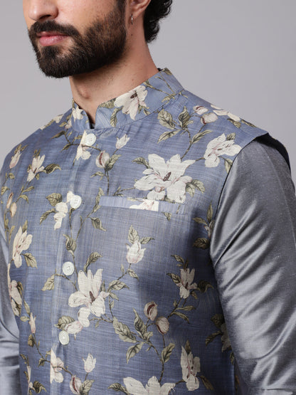 Men's Grey Kurta Pyjama With Floral Print Nehru Jacket