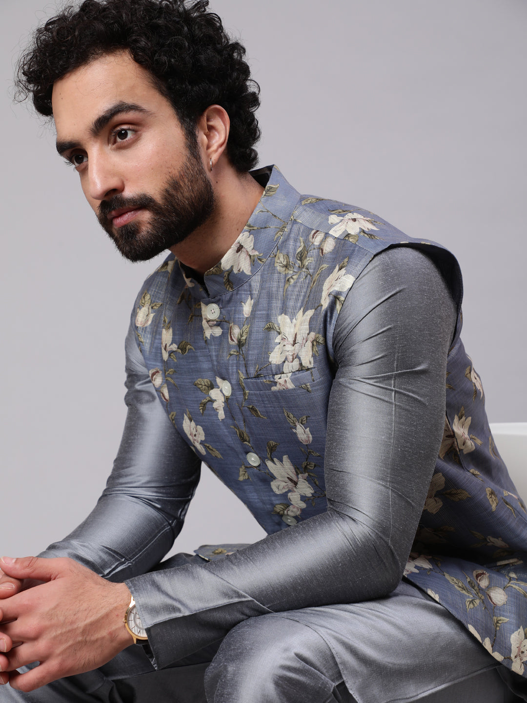 Men's Grey Kurta Pyjama With Floral Print Nehru Jacket