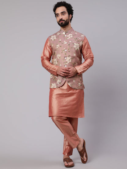 Men's Rose Gold Kurta Pyjana With Floral Print Nehru Jacket