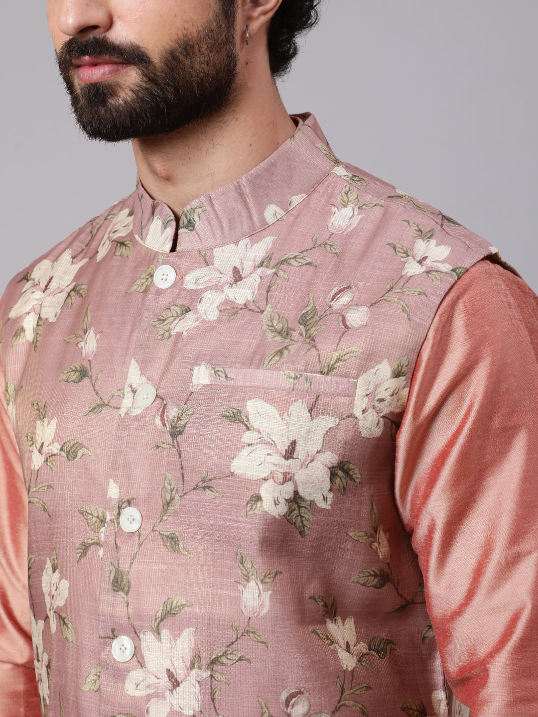 Men's Rose Gold Kurta Pyjana With Floral Print Nehru Jacket