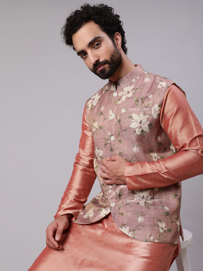 Men's Rose Gold Kurta Pyjana With Floral Print Nehru Jacket