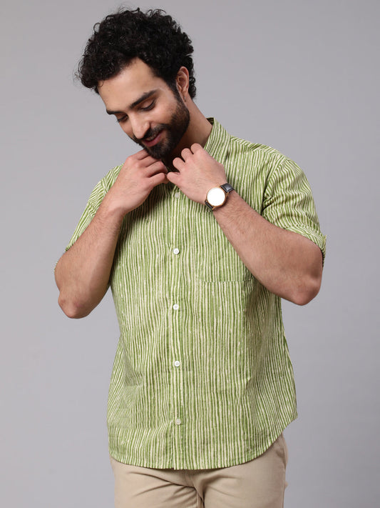 Men's Green Striped Shirt With Roll-Up Sleeve