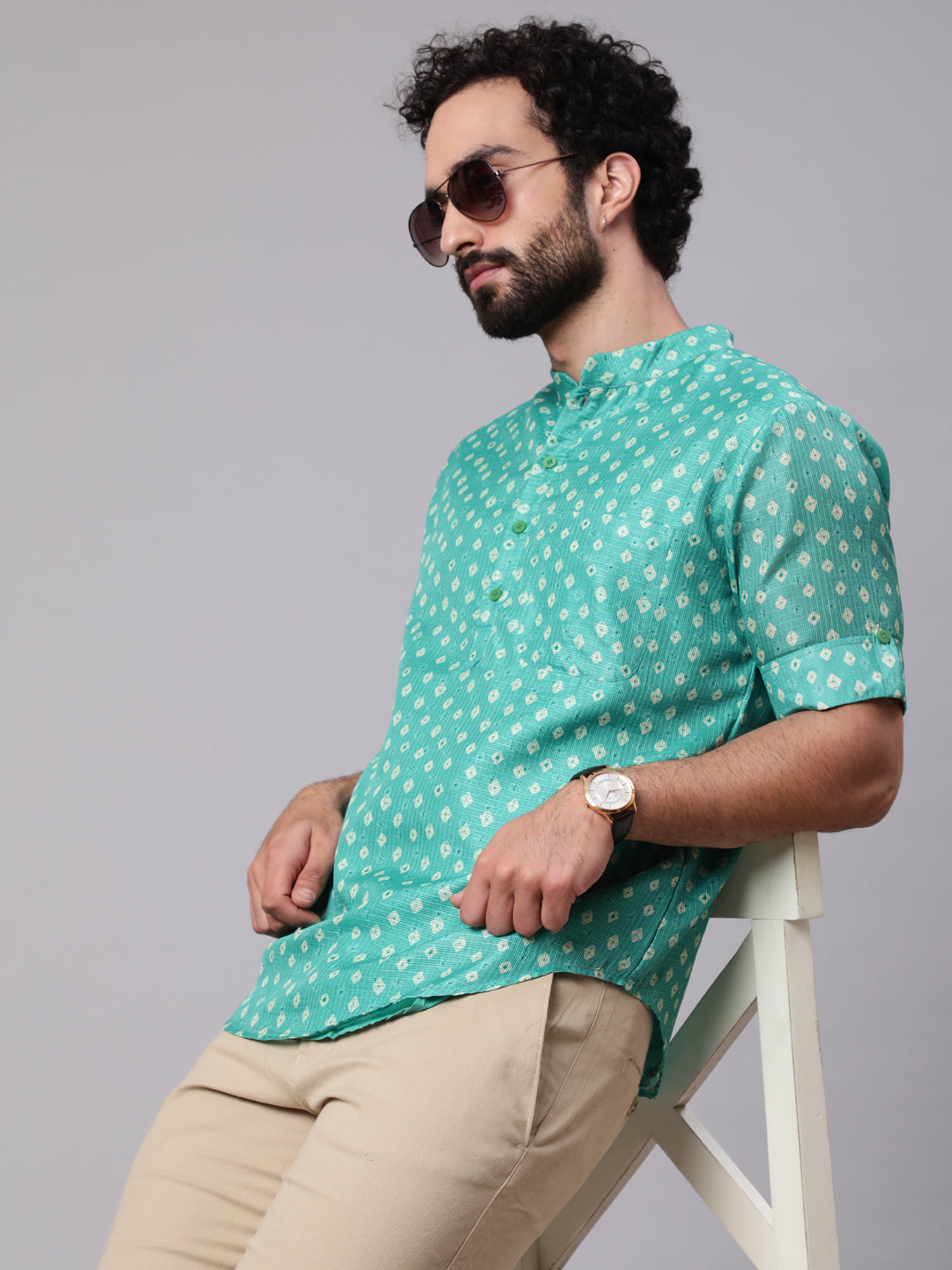 Men's Green Digital Print Short Kurta