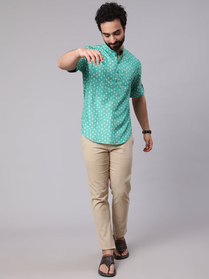 Men's Green Digital Print Short Kurta